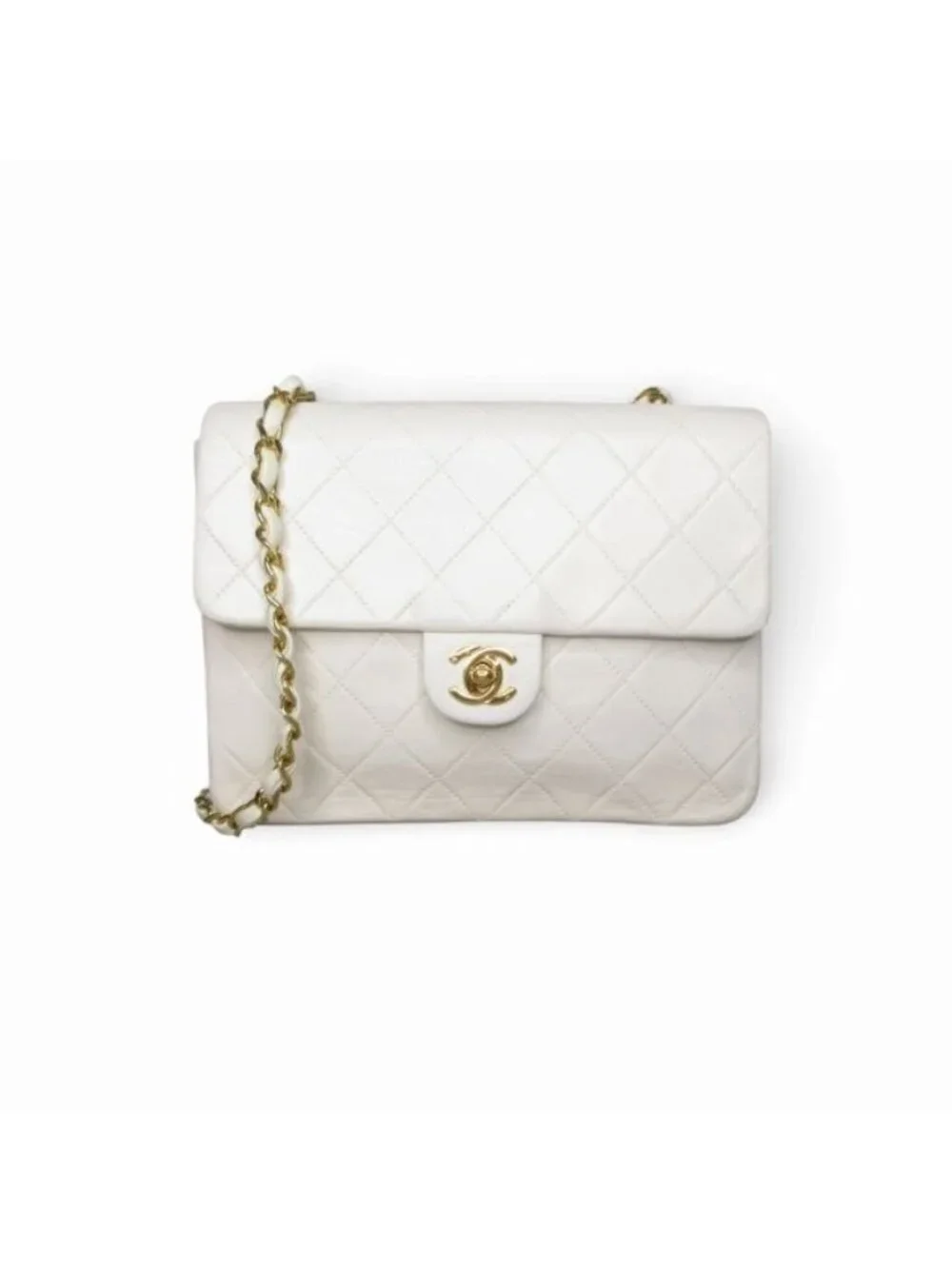 Chanel Quilted Chain Shoulder Bag Cross Lambskin White